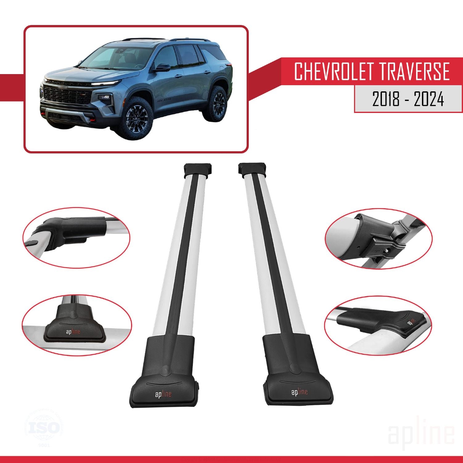 Compatible avec Chevrolet Traverse 2018-2024 FLY Model Barres de Toit Railing Porte-Bagages de Voiture Gris Aluminium 2 Barres