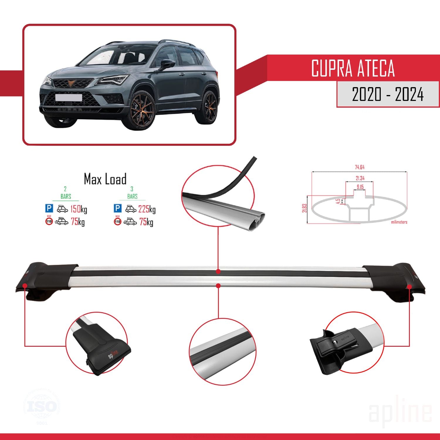 Compatible avec Cupra Ateca 2020-2024 FLY Model Barres de Toit Railing Porte-Bagages de Voiture Gris Aluminium 3 Barres