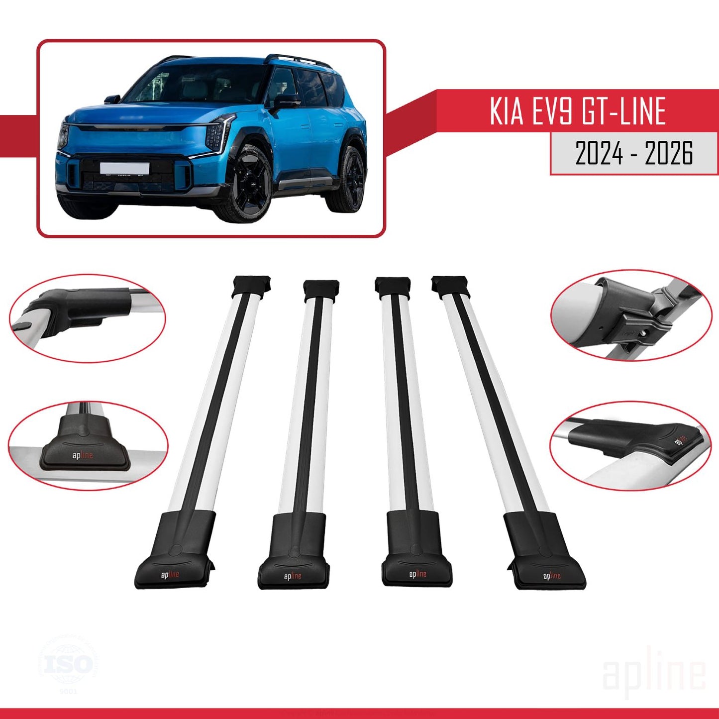 Compatible avec KIA EV9 GT-LINE 2024-2025 FLY Model Barres de Toit Railing Porte-Bagages de Voiture Gris Aluminium 4 Barres