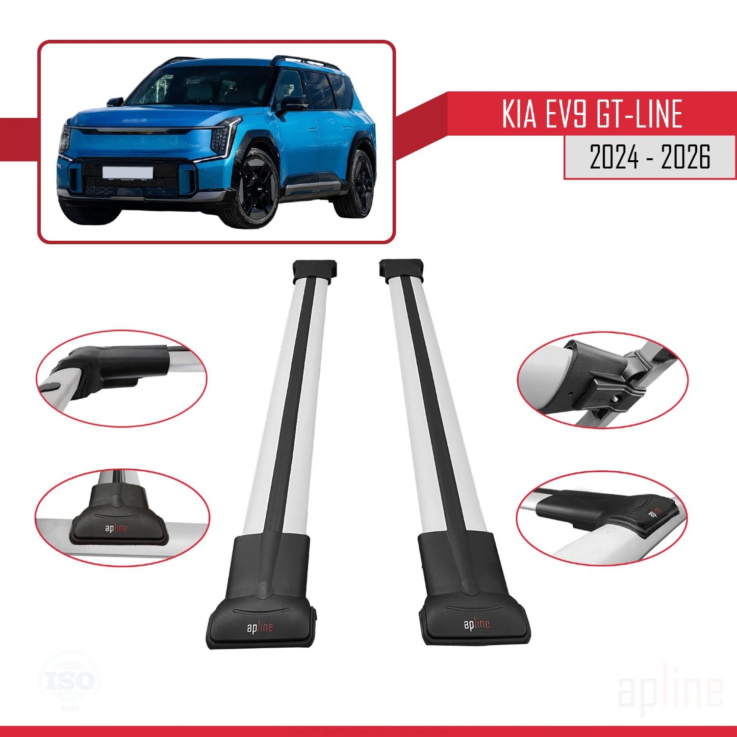 Compatible avec KIA EV9 GT-LINE 2024-2025 FLY Model Barres de Toit Railing Porte-Bagages de Voiture Gris Aluminium 2 Barres