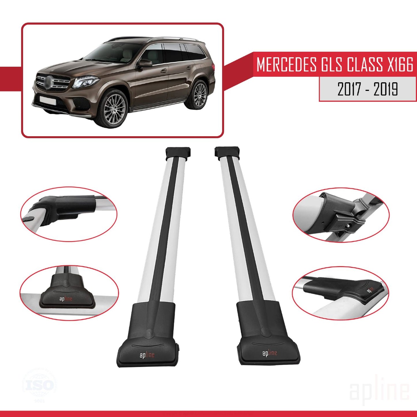 Compatible avec Mercedes GLS Class X166 2017-2019 FLY Model Barres de Toit Railing Porte-Bagages de Voiture Gris Aluminium 2 Barres