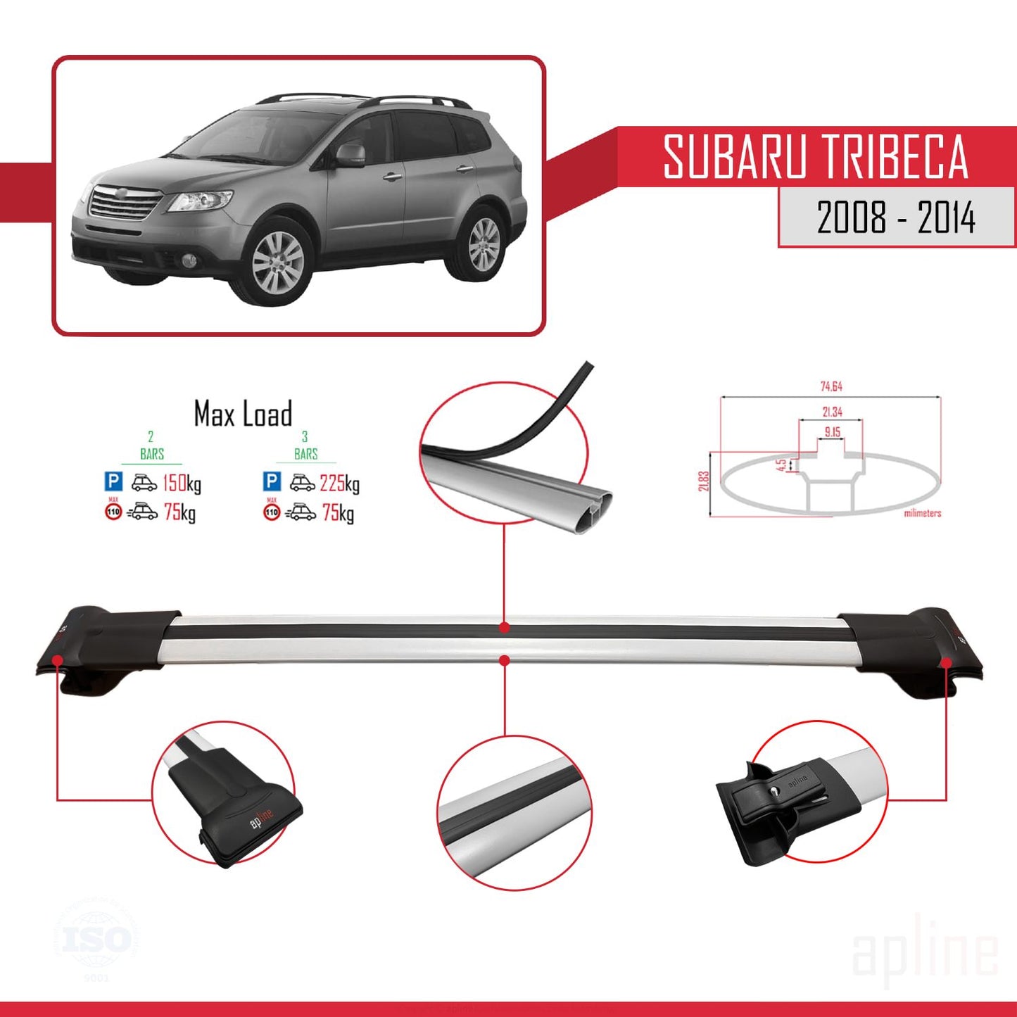 Compatible avec Subaru Tribeca 2008-2014 FLY Model Barres de Toit Railing Porte-Bagages de Voiture Gris Aluminium 3 Barres