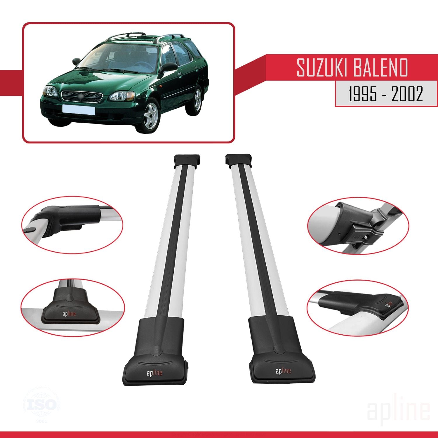 Compatible avec Suzuki Baleno 1995-2002 FLY Model Barres de Toit Railing Porte-Bagages de Voiture Gris Aluminium 2 Barres