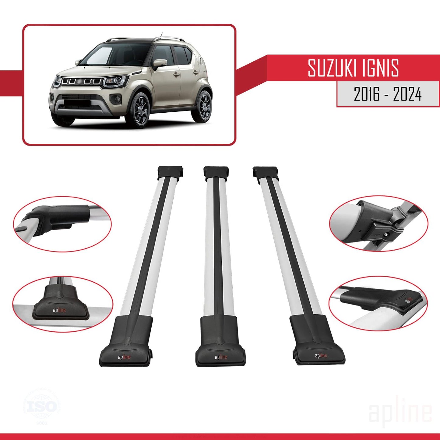Compatible avec Suzuki Ignis 2016-2024 FLY Model Barres de Toit Railing Porte-Bagages de Voiture Gris Aluminium 3 Barres