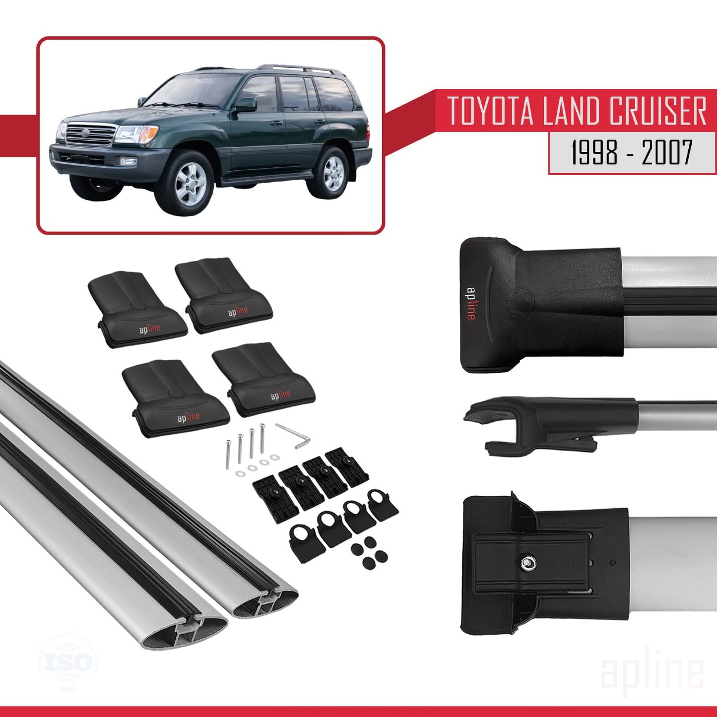 Compatible avec Toyota Land Cruiser 1998-2007 FLY Model Barres de Toit Railing Porte-Bagages de Voiture Gris Aluminium 2 Barres
