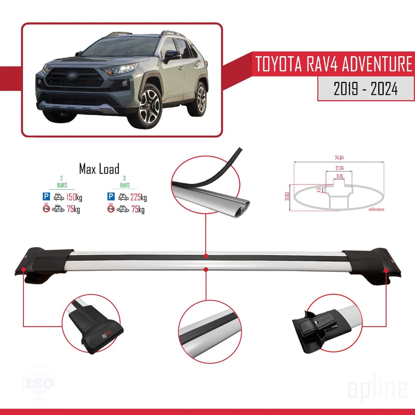 Compatible avec Toyota RAV4 Adventure 2019-2024 FLY Model Barres de Toit Railing Porte-Bagages de Voiture Gris Aluminium 2 Barres