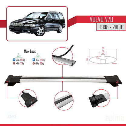 Compatible avec Volvo V70 1998-2000 FLY Model Barres de Toit Railing Porte-Bagages de Voiture Gris Aluminium 2 Barres