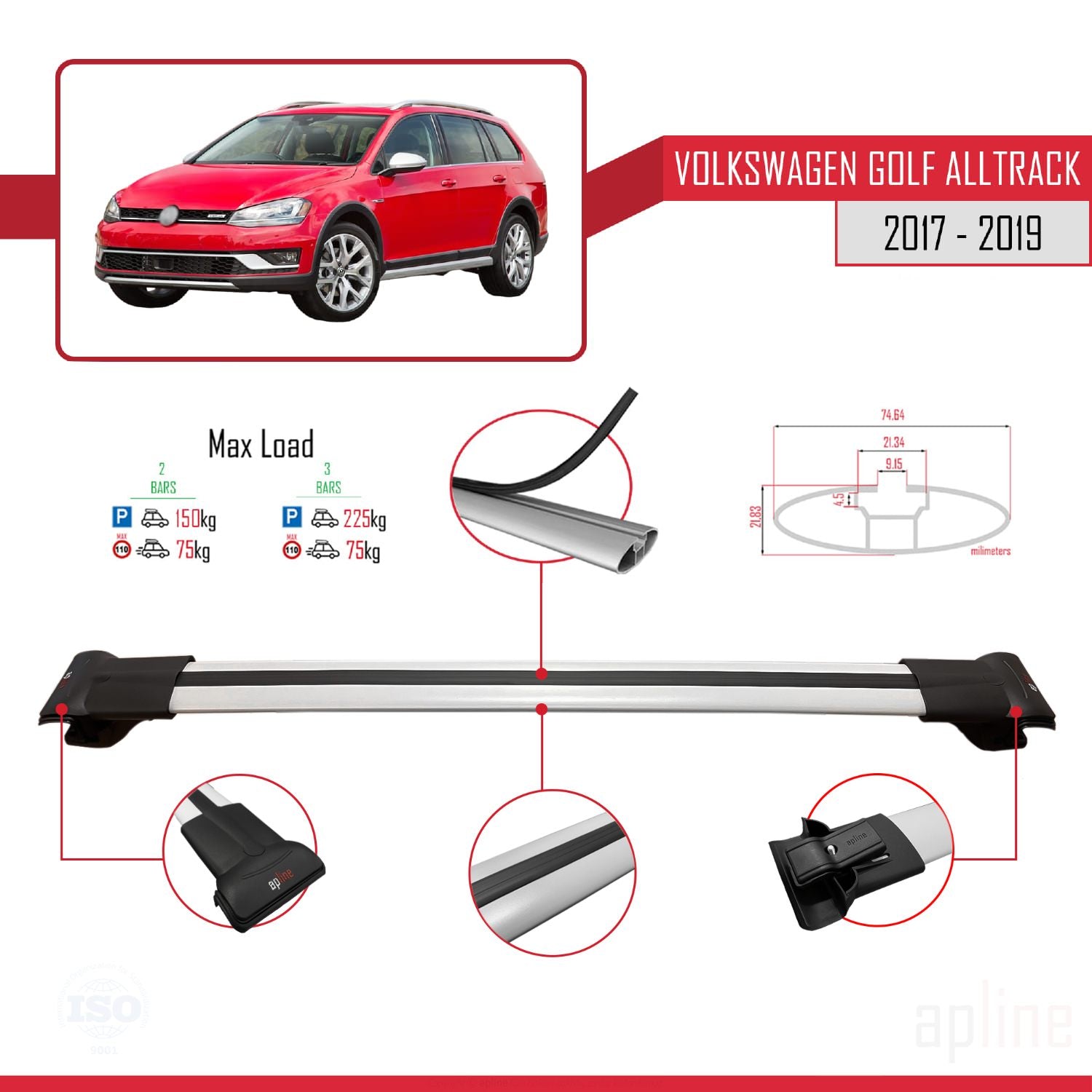 Compatible avec VW Golf Alltrack Mk7 2017-2019 FLY Model Barres de Toit Railing Porte-Bagages de Voiture Gris Aluminium 3 Barres