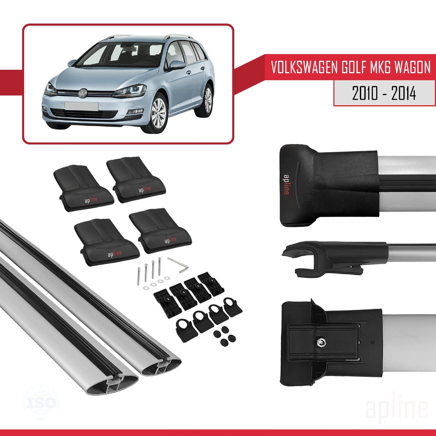 Compatible avec VW Golf Mk6 Wagon 2010-2014 FLY Model Barres de Toit Railing Porte-Bagages de Voiture Gris Aluminium 2 Barres