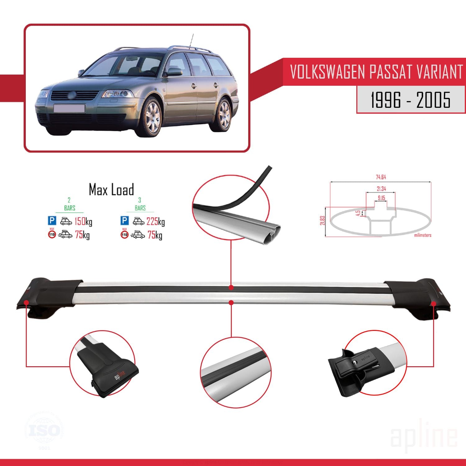 Compatible avec VW Passat B5 Variant 1996-2005 FLY Model Barres de Toit Railing Porte-Bagages de Voiture Gris Aluminium 3 Barres