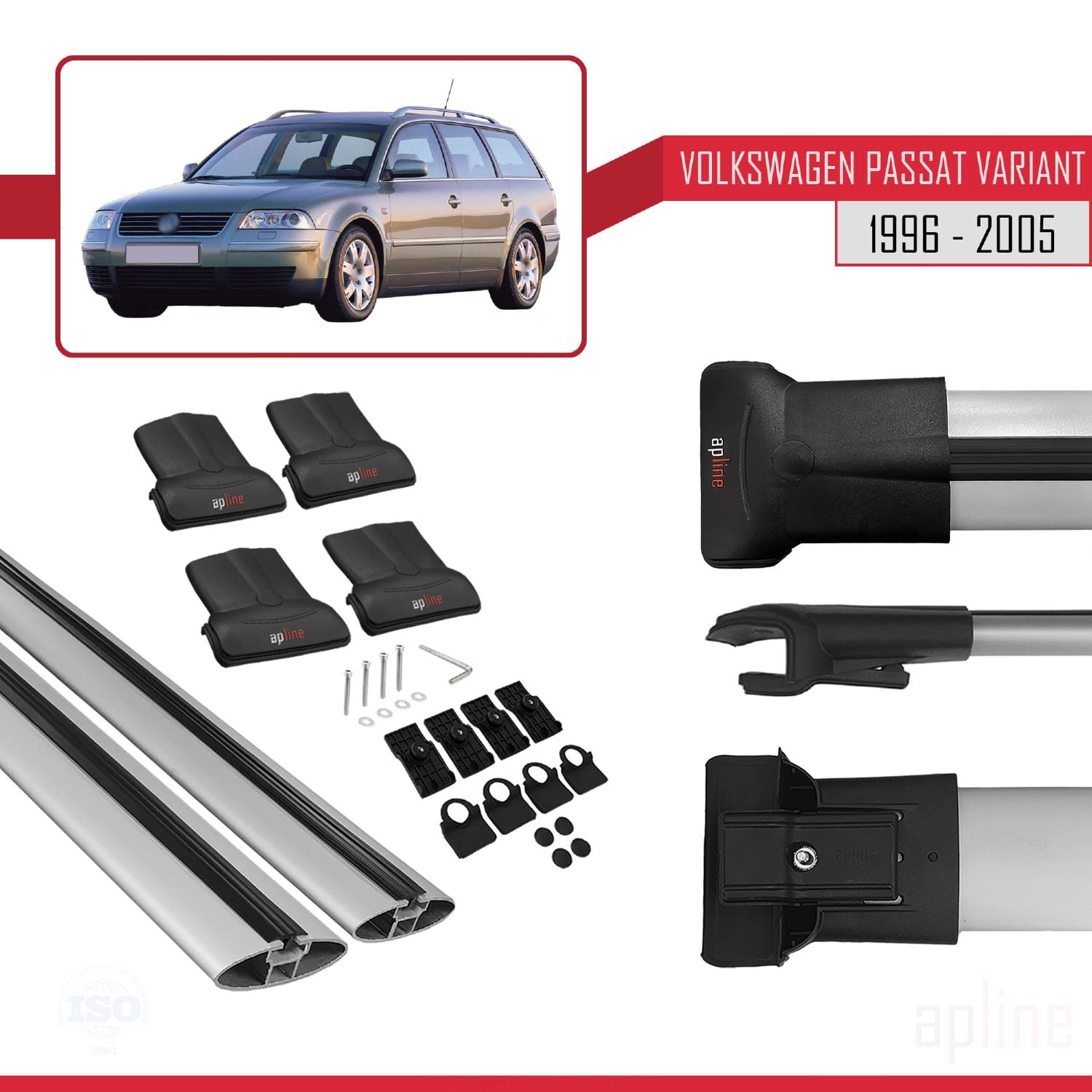 Compatible avec VW Passat B5 Variant 1996-2005 FLY Model Barres de Toit Railing Porte-Bagages de Voiture Gris Aluminium 2 Barres