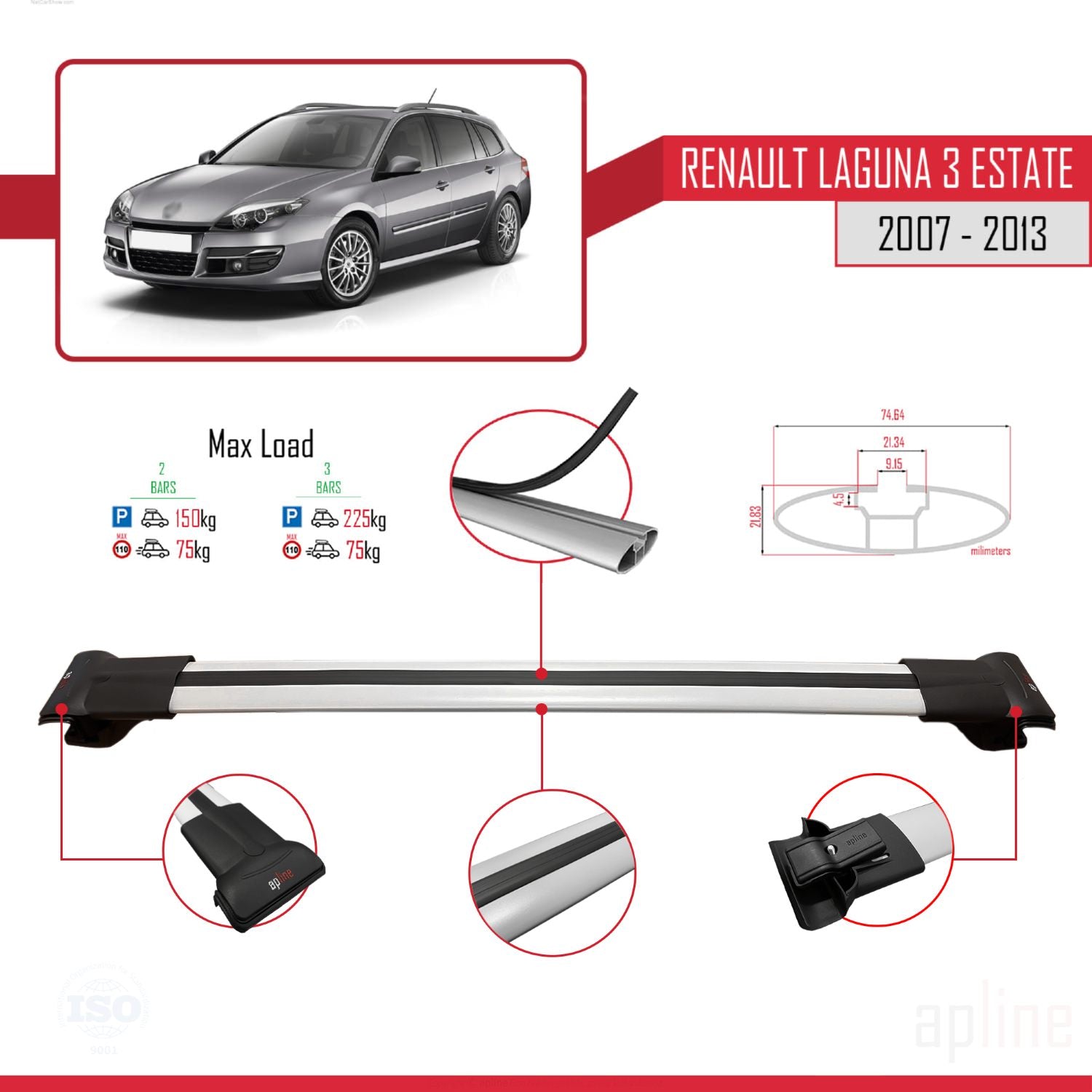 Compatible avec Renault Laguna 3 Estate 2007-2013 FLY Model Barres de Toit Railing Porte-Bagages de Voiture Gris Aluminium 3 Barres