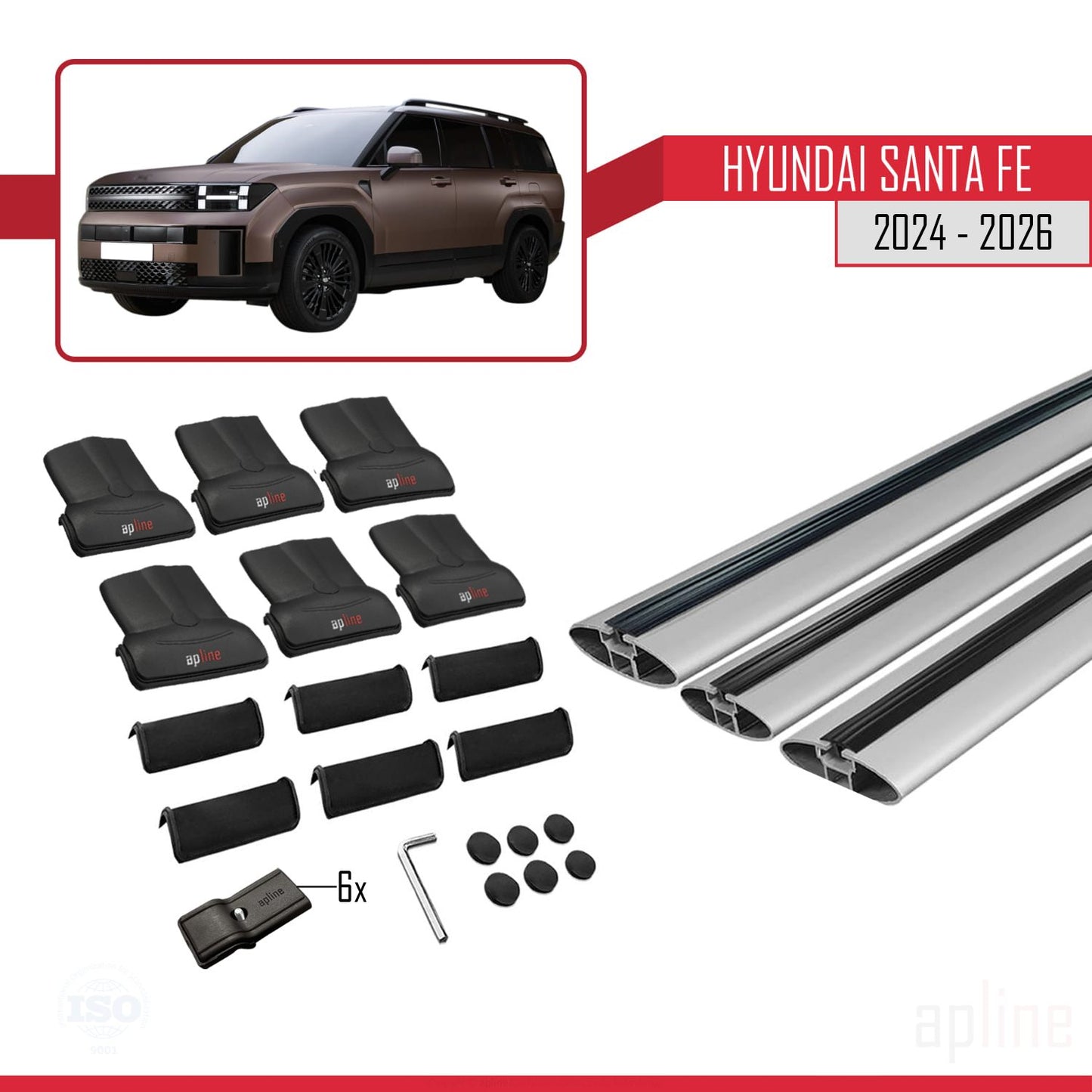 Compatible avec Hyundai Santa Fe 2024-2025 FLY Model Barres de Toit Railing Porte-Bagages de Voiture Gris Aluminium 3 Barres