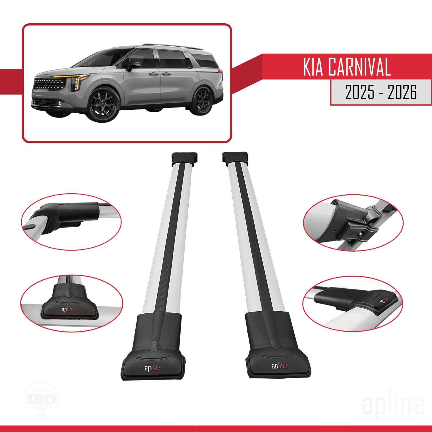 Compatible avec Kia Carnival 2025 FLY Model Barres de Toit Railing Porte-Bagages de Voiture Gris Aluminium 2 Barres