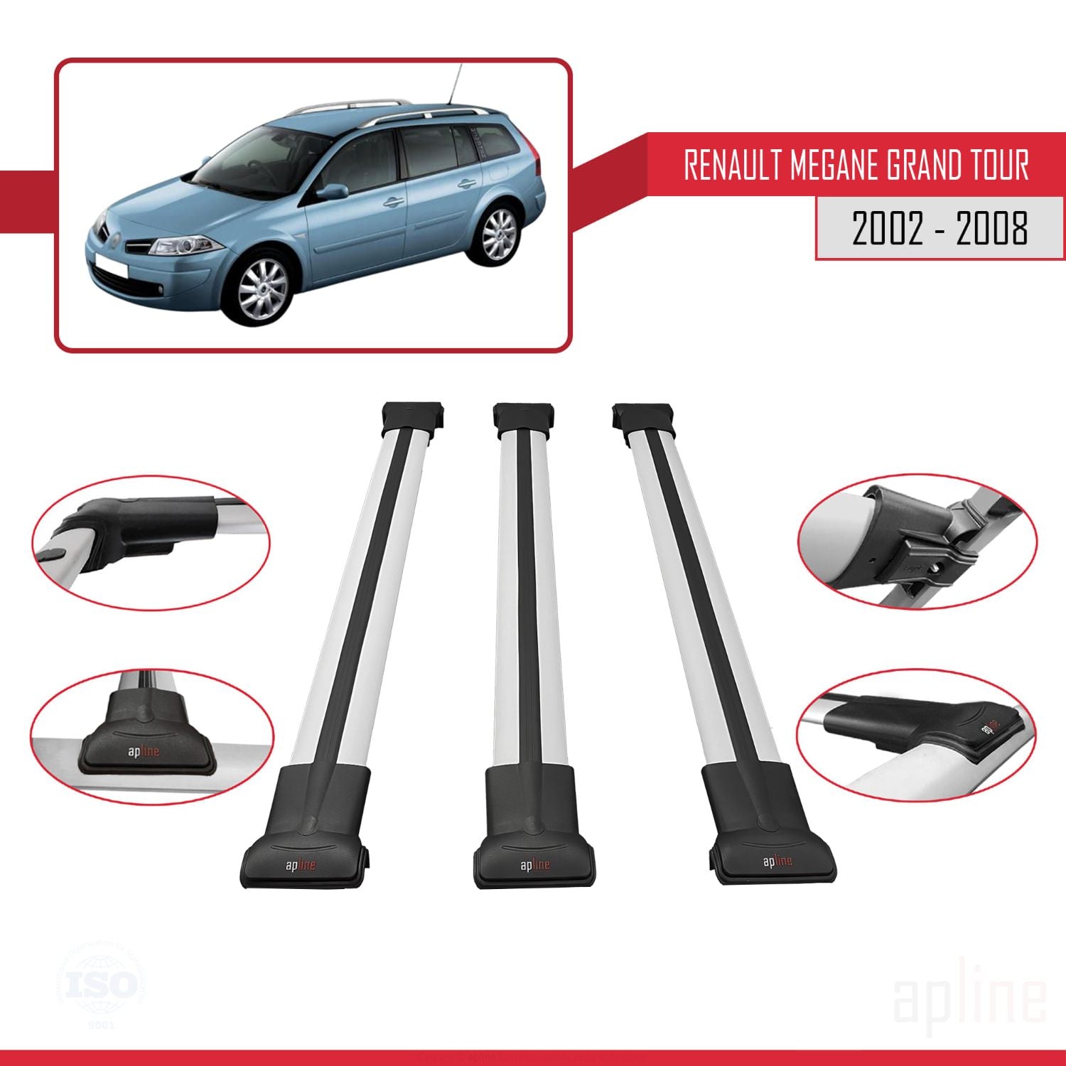 Compatible avec Renault Megane Grand Tour 2002-2008 FLY Model Barres de Toit Railing Porte-Bagages de Voiture Gris Aluminium 3 Barres