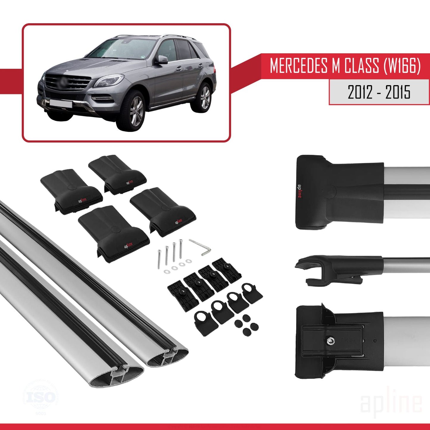 Compatible avec Mercedes Classe M 3 (W166) Pre-Facelift 2012-2015 FLY Model Barres de Toit Railing Porte-Bagages de Voiture Gris Aluminium 2 Barres