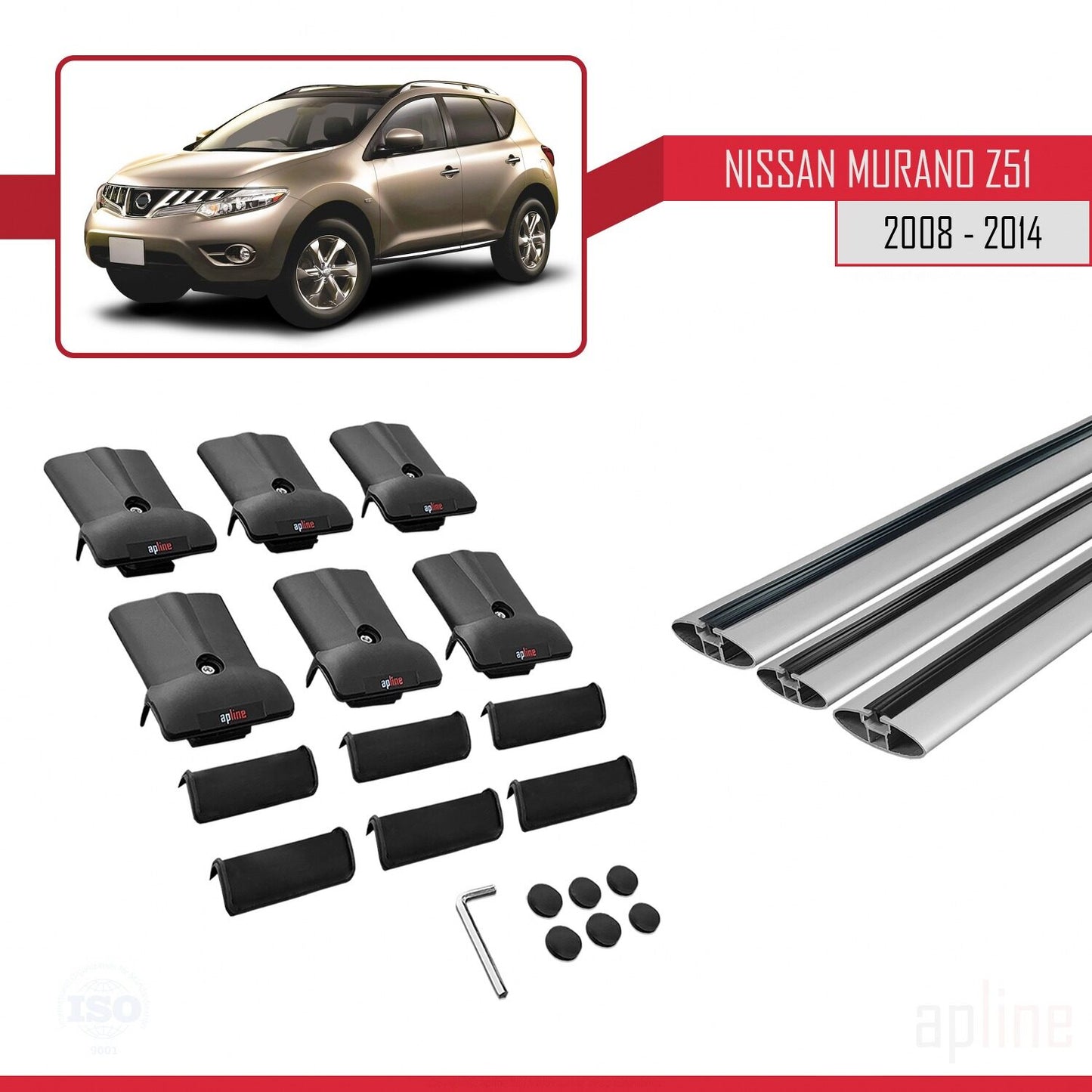 Compatible with Nissan Murano 2 (Z51) 2008-2014 FLY Model Car Roof Rack Cross Bar Grey Aluminium 3 Bars
