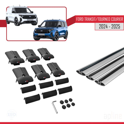 Compatible avec Ford Transit/Tourneo Courier 2024-2025 FLY Model Barres de Toit Railing Porte-Bagages de Voiture Gris Aluminium 3 Barres