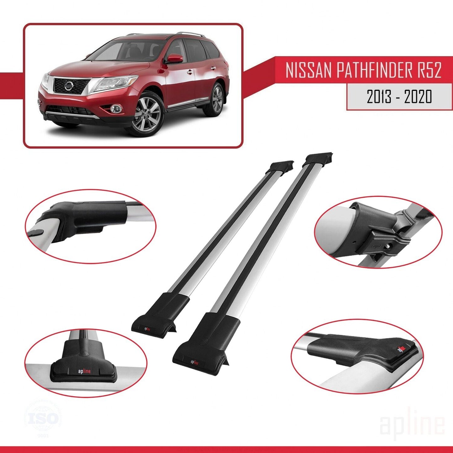 Compatible avec Nissan Pathfinder 4 (R52) 2013-2020 FLY Model Barres de Toit Railing Porte-Bagages de Voiture Gris Aluminium 2 Barres