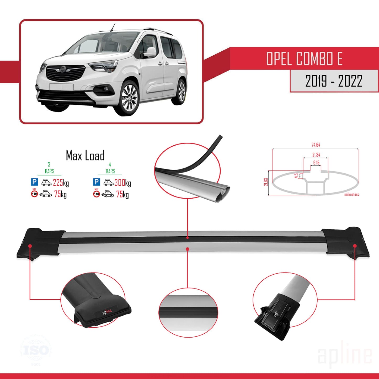 Compatible with Opel Combo E 2019-2022 FLY Model Car Roof Rack Cross Bar Grey Aluminium 4 Bars