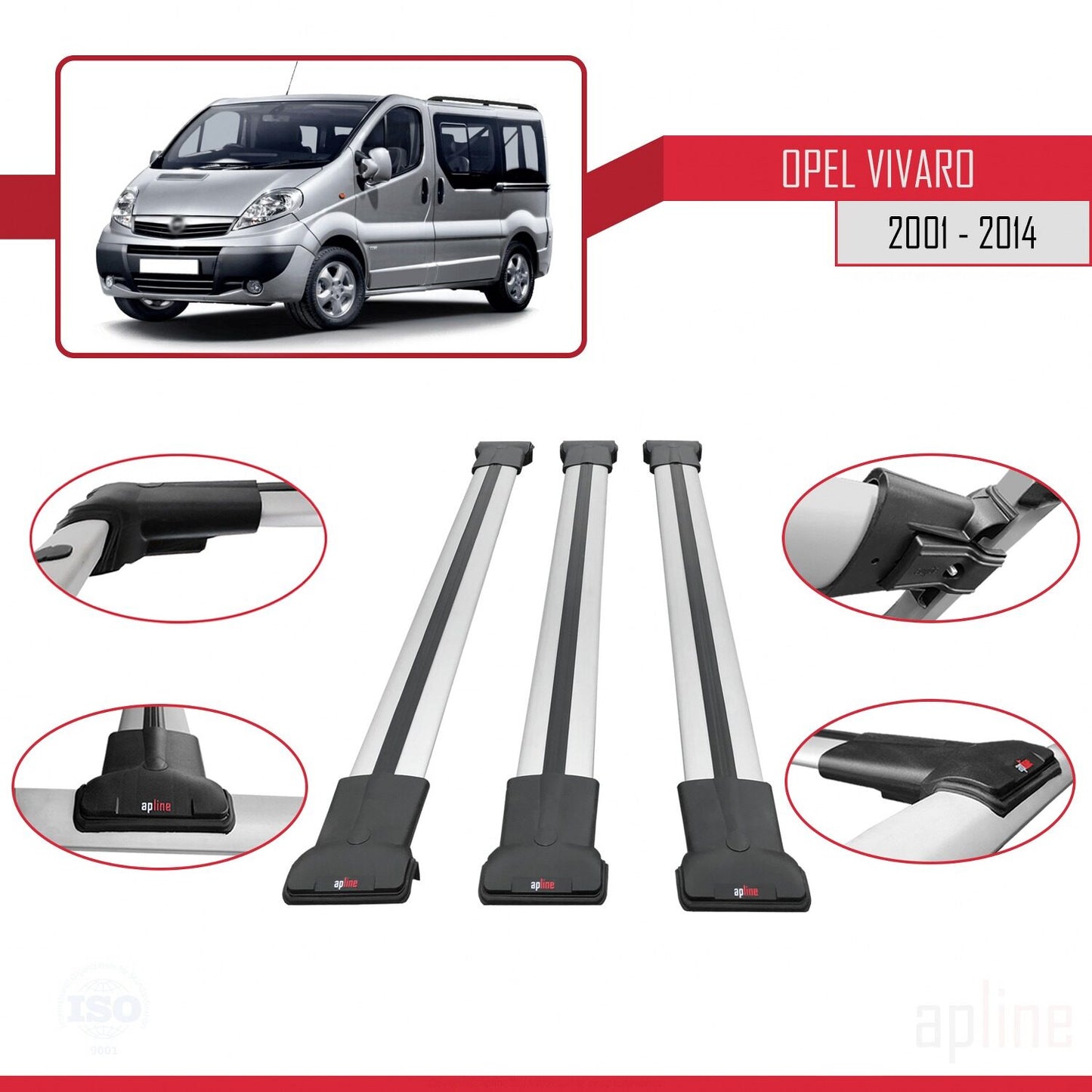 Compatible avec Opel Vivaro A 2001-2014 FLY Model Barres de Toit Railing Porte-Bagages de Voiture Gris Aluminium 3 Barres