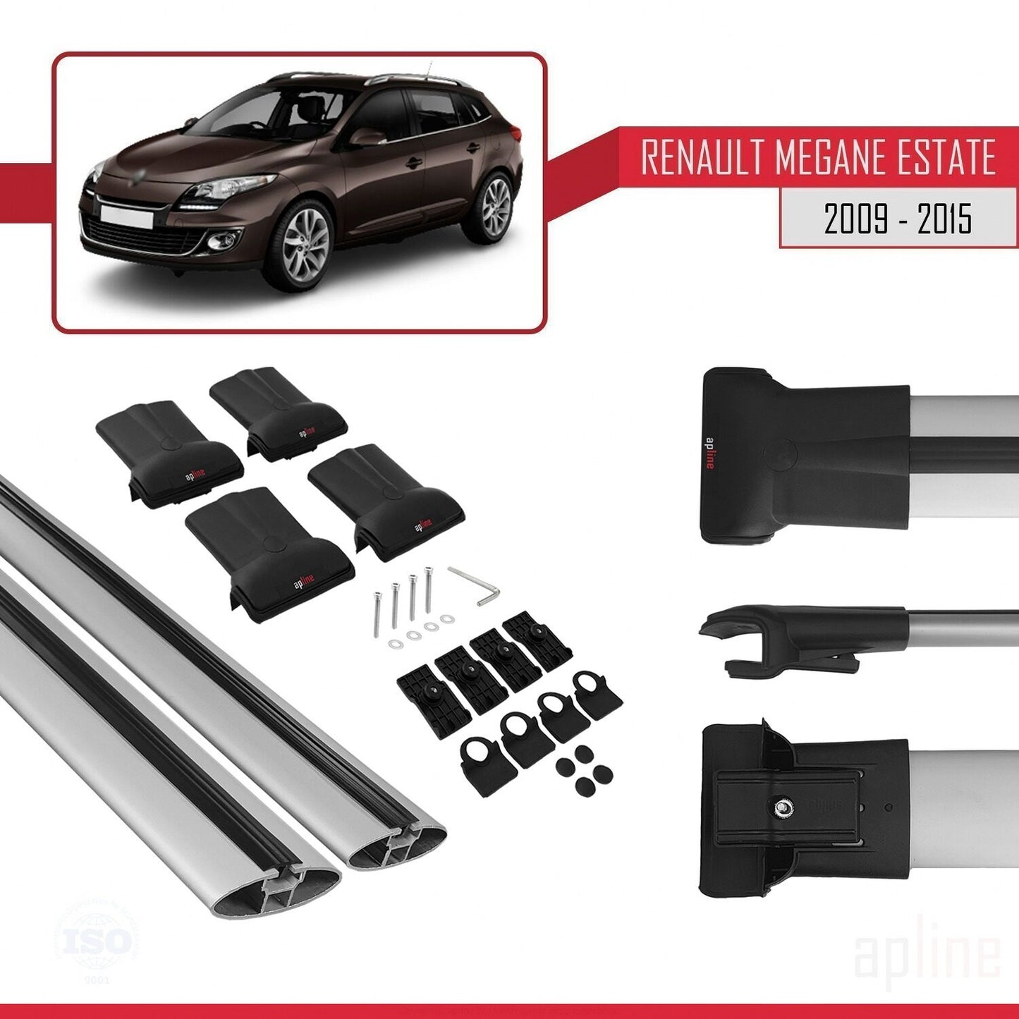 Compatible avec Renault Megane 3 ST 2009-2015 FLY Model Barres de Toit Railing Porte-Bagages de Voiture Gris Aluminium 2 Barres