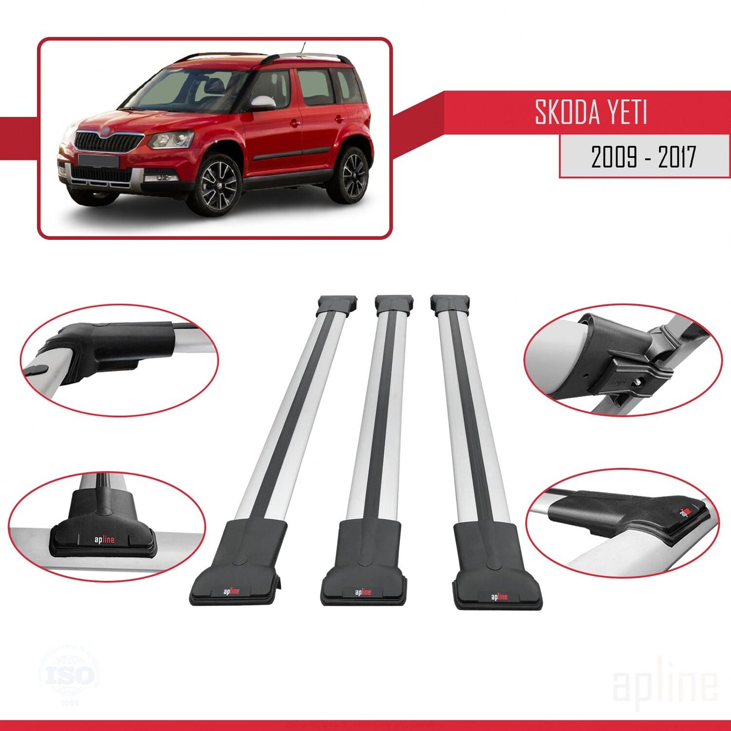 Compatible avec Skoda Yeti 2009-2017 FLY Model Barres de Toit Railing Porte-Bagages de Voiture Gris Aluminium 3 Barres