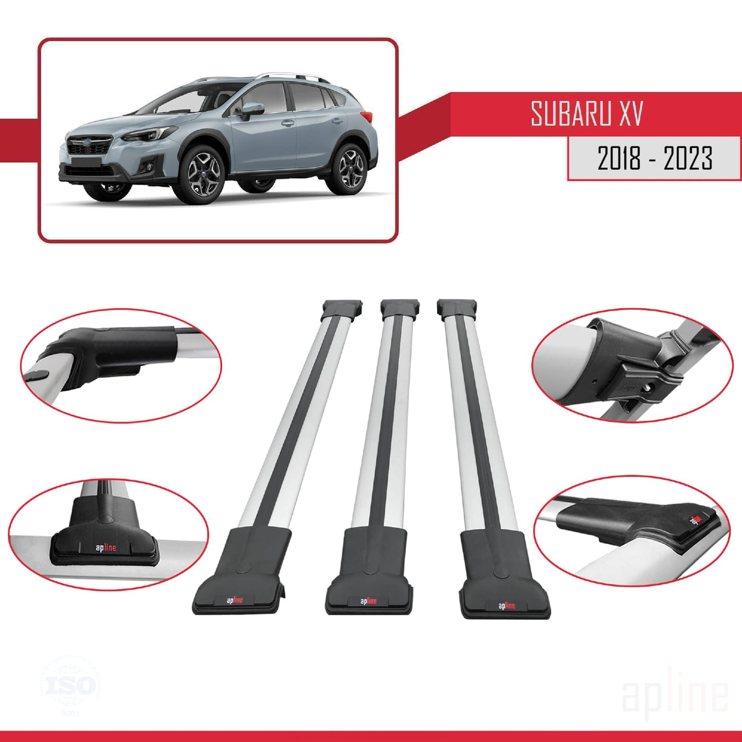 Compatible avec Subaru XV 2 2018-2023 FLY Model Barres de Toit Railing Porte-Bagages de Voiture Gris Aluminium 3 Barres
