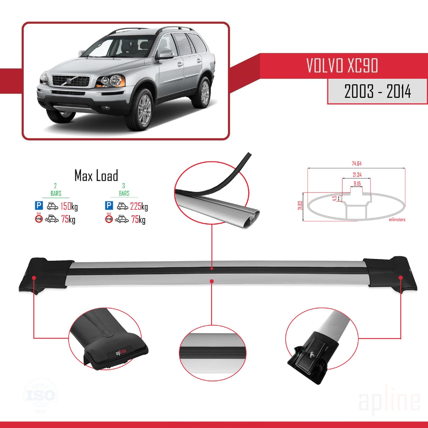 Compatible avec Volvo XC90 2003-2014 FLY Model Barres de Toit Railing Porte-Bagages de Voiture Gris Aluminium 2 Barres