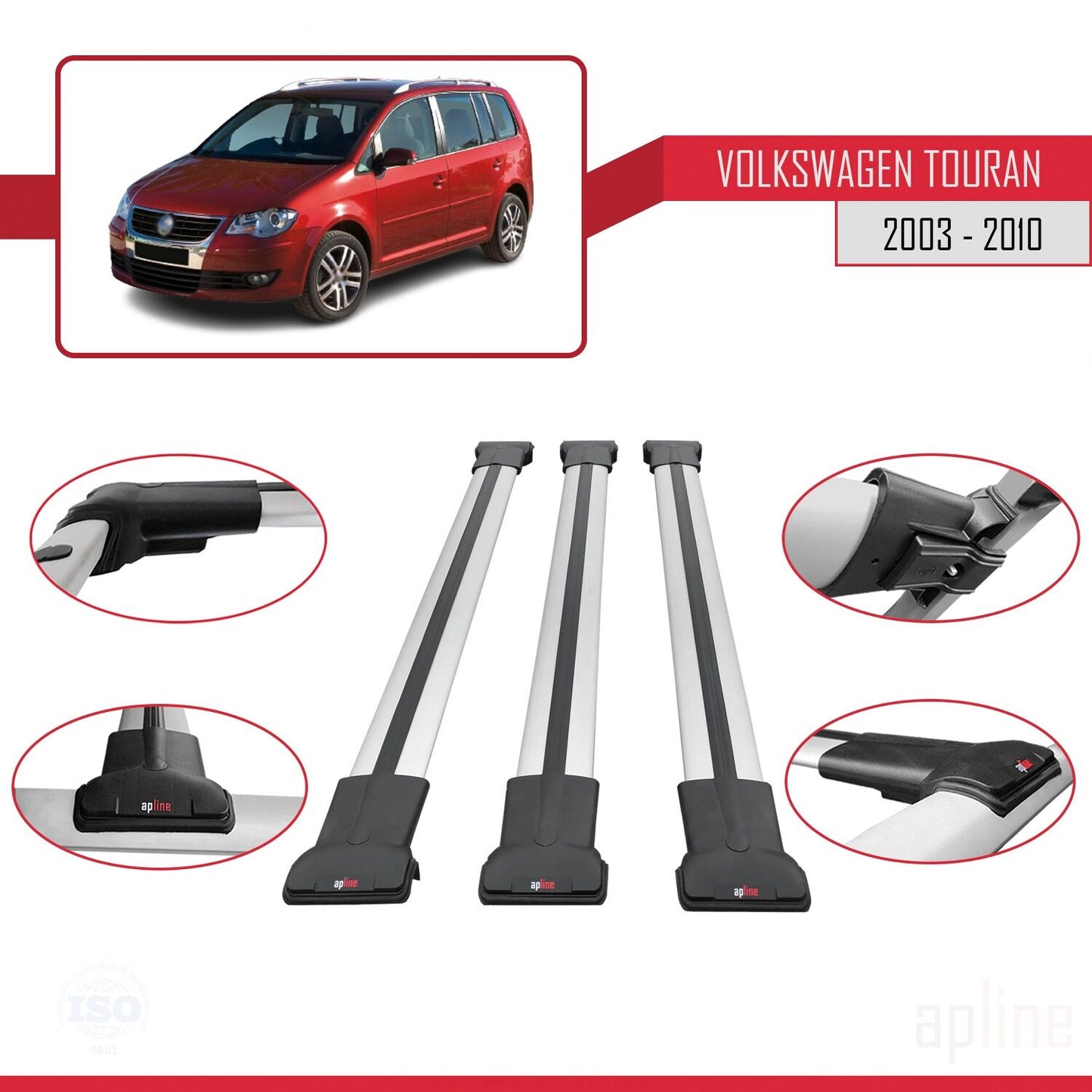 Compatible avec Volkswagen Touran (1T) Pre-Facelift 2003-2010 FLY Model Barres de Toit Railing Porte-Bagages de Voiture Gris Aluminium 3 Barres