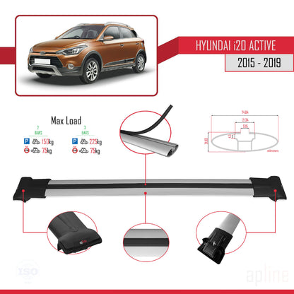 Compatible with Hyundai i20 II Active 2015-2019 FLY Model Car Roof Rack Cross Bar Grey Aluminium 2 Bars
