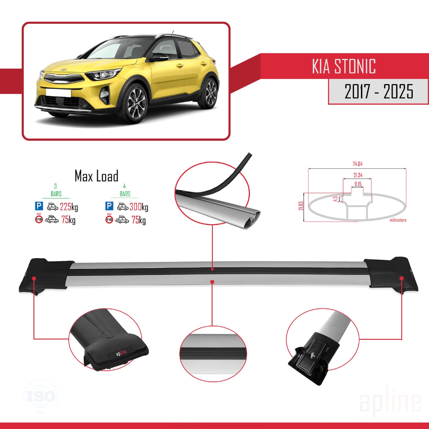 Compatible with Kia Stonic 2017-2025 FLY Model Car Roof Rack Cross Bar Grey Aluminium 3 Bars