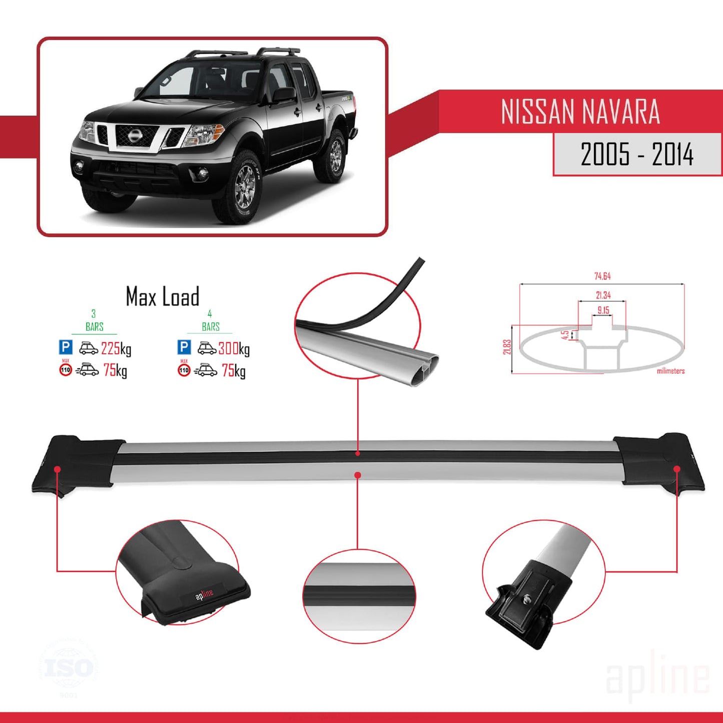 Compatible with Nissan Navara 3 (D40) 2005-2014 FLY Model Car Roof Rack Cross Bar Grey Aluminium 3 Bars