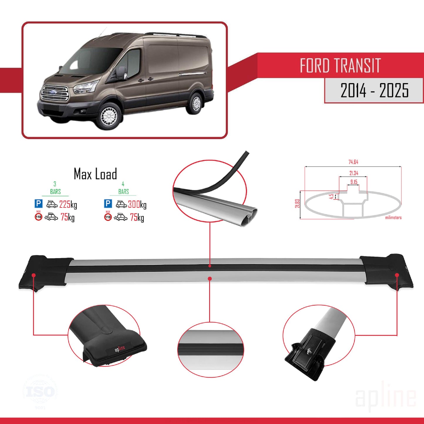 Compatible avec Ford Transit 2014-2025 FLY Model Barres de Toit Railing Porte-Bagages de Voiture Gris Aluminium 4 Barres