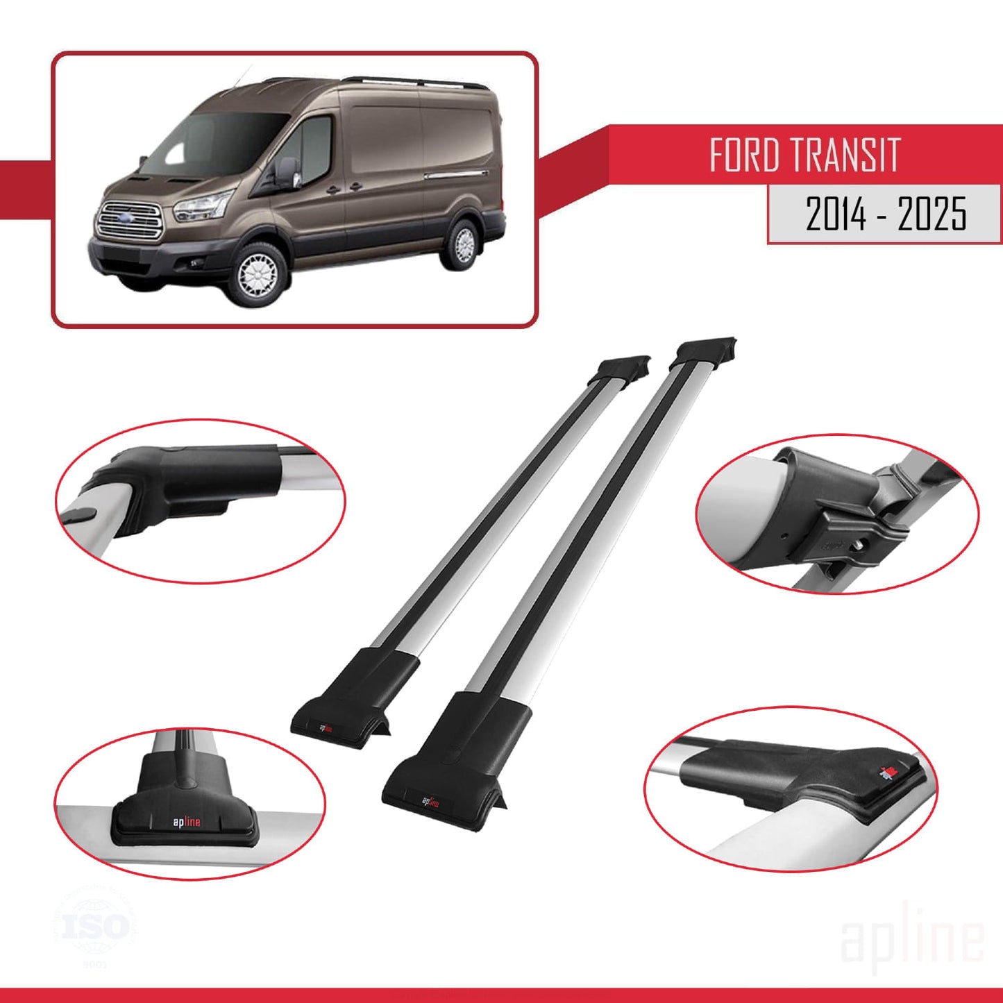 Compatible avec Ford Transit 2014-2025 FLY Model Barres de Toit Railing Porte-Bagages de Voiture Gris Aluminium 2 Barres
