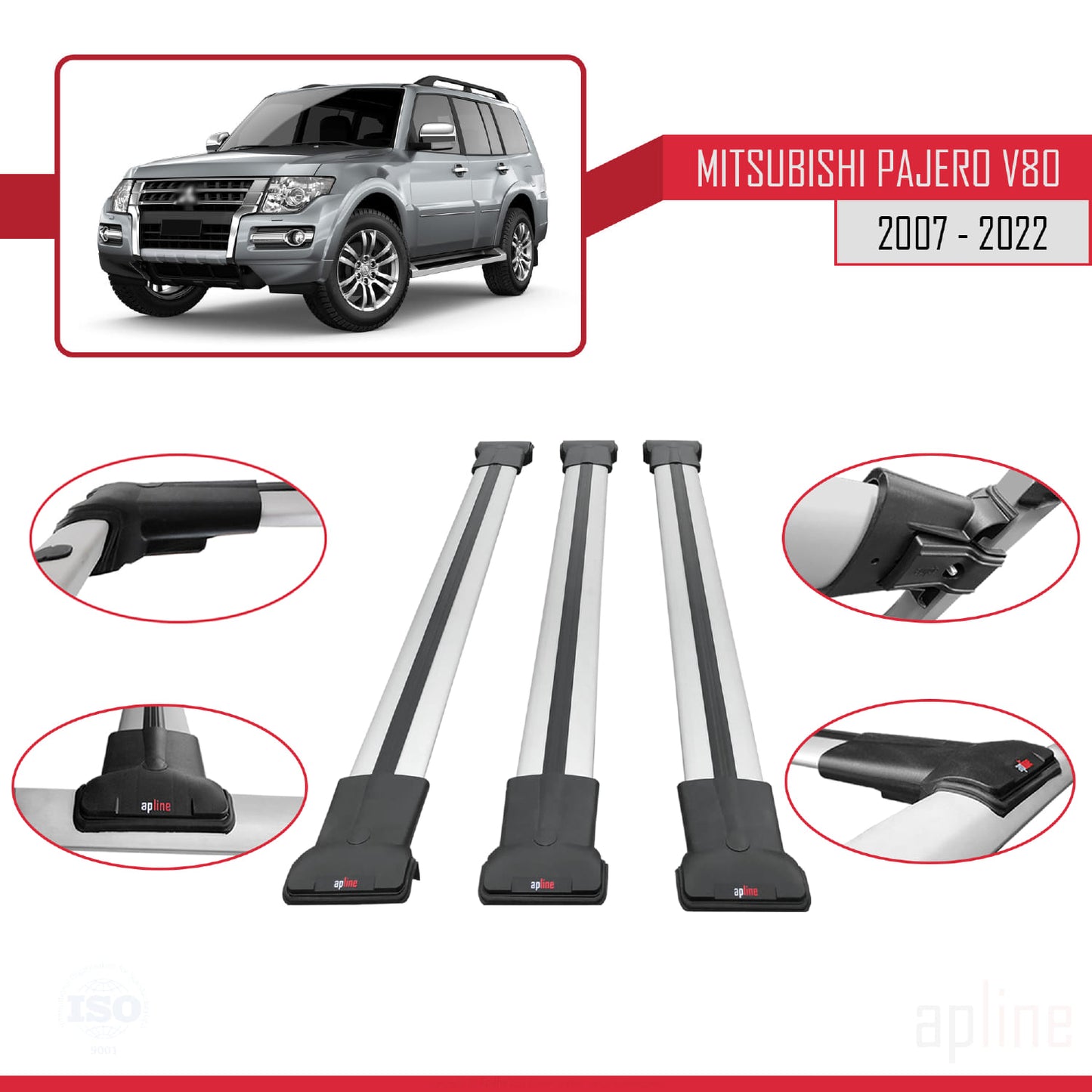 Compatible with Mitsubishi Pajero (V80) 2007-2022 FLY Model Car Roof Rack Cross Bar Grey Aluminium 3 Bars