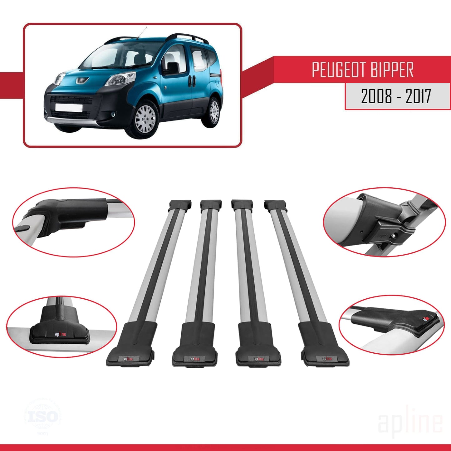 Compatible with Peugeot Bipper 2008-2017 FLY Model Car Roof Rack Cross Bar Grey Aluminium 4 Bars