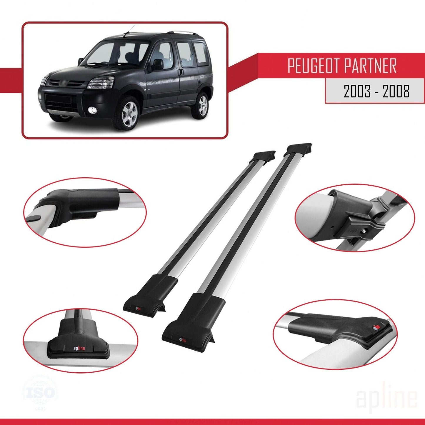 Compatible avec Peugeot Partner Post-Facelift 2003-2008 FLY Model Barres de Toit Railing Porte-Bagages de Voiture Gris Aluminium 2 Barres