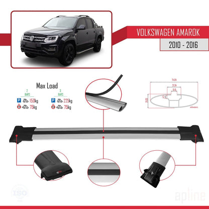 Compatible avec Volkswagen Amarok (2F) Pre-Facelift 2010-2016 FLY Model Barres de Toit Railing Porte-Bagages de Voiture Gris Aluminium 2 Barres