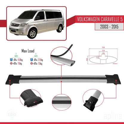 Compatible avec Volkswagen T5 Caravelle 2003-2015 FLY Model Barres de Toit Railing Porte-Bagages de Voiture Gris Aluminium 2 Barres