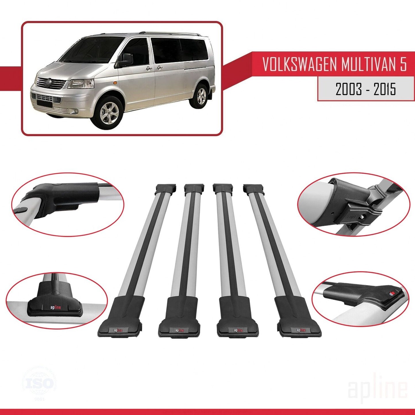 Compatible avec Volkswagen T5 Multivan 2003-2015 FLY Model Barres de Toit Railing Porte-Bagages de Voiture Gris Aluminium 4 Barres