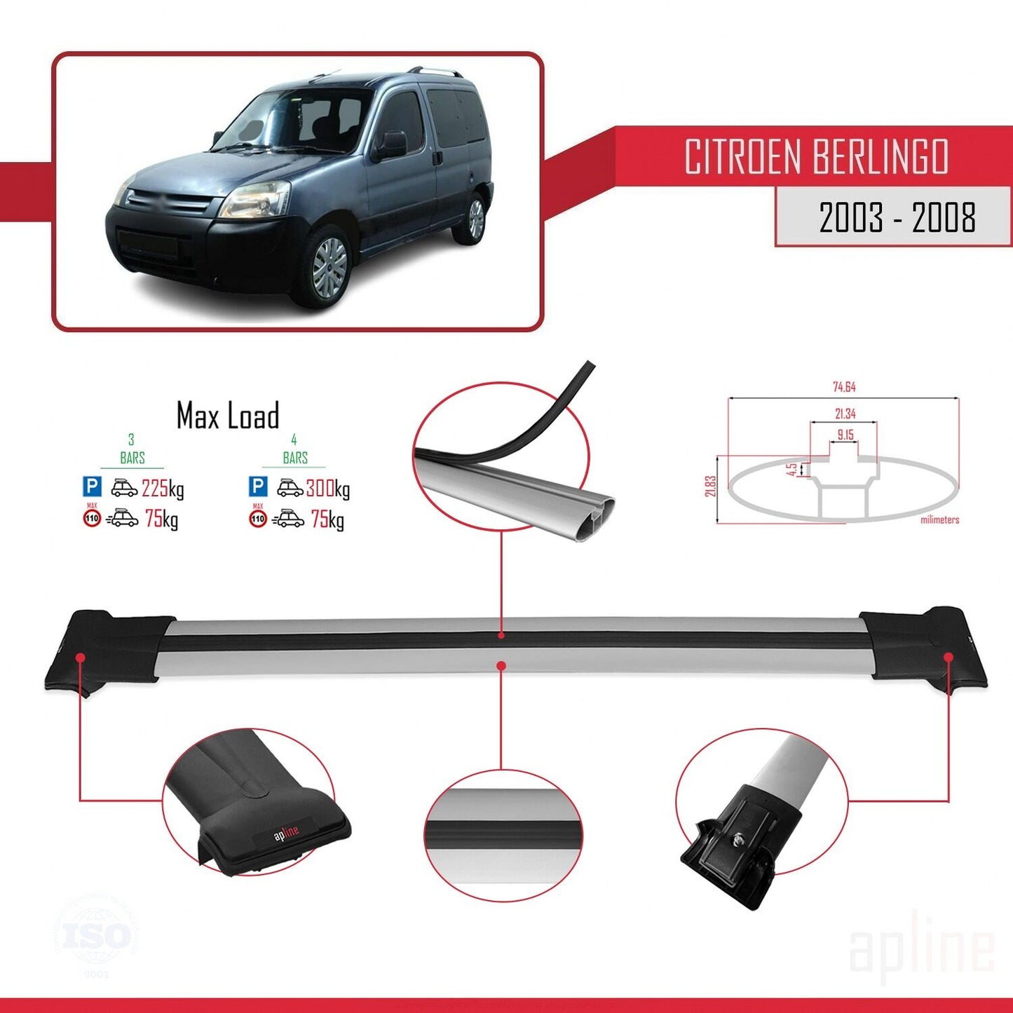 Compatible avec Citroen Berlingo (M59) 2003-2008 FLY Model Barres de Toit Railing Porte-Bagages de Voiture Gris Aluminium 4 Barres