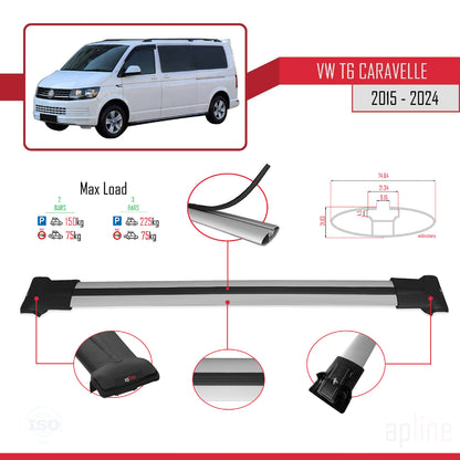 Compatible avec Volkswagen T6 Caravelle 2015-2024 FLY Model Barres de Toit Railing Porte-Bagages de Voiture Gris Aluminium 2 Barres