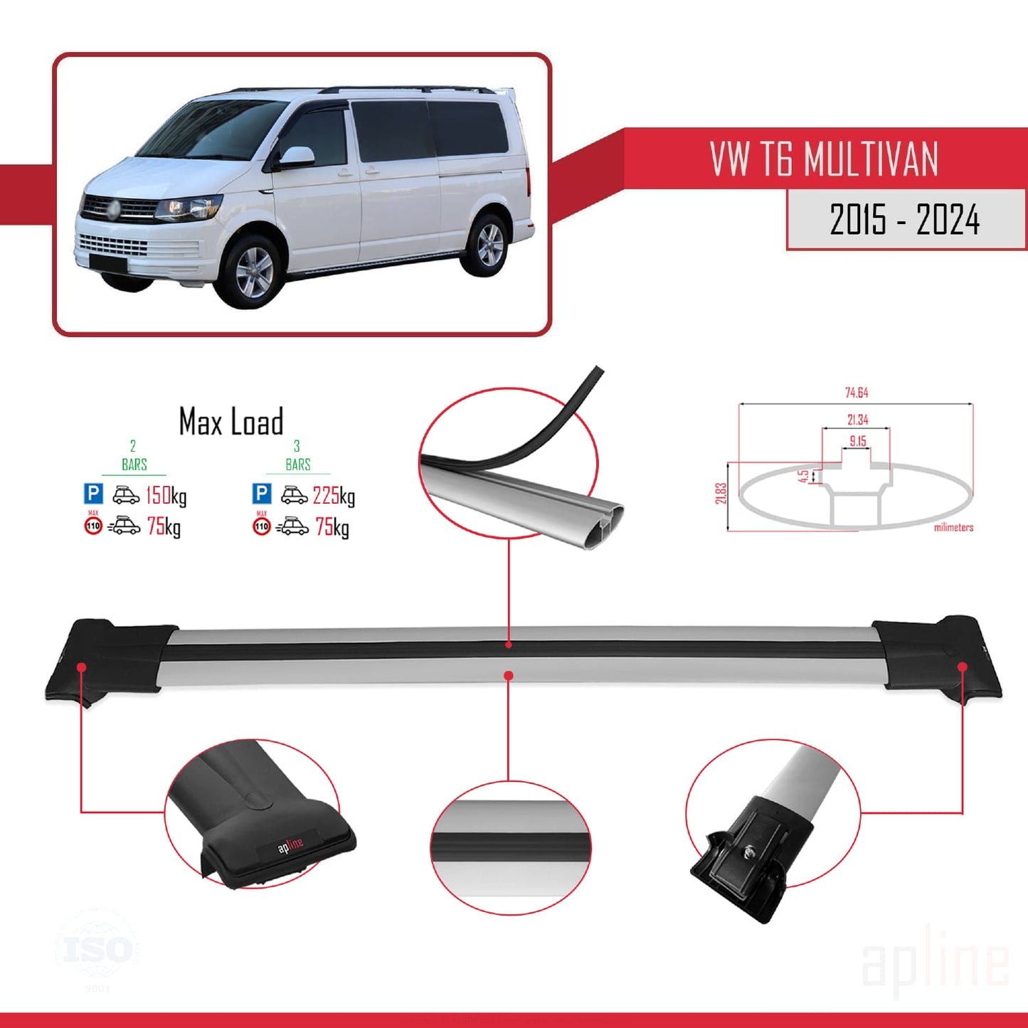 Compatible avec Volkswagen T6 Multivan 2015-2024 FLY Model Barres de Toit Railing Porte-Bagages de Voiture Gris Aluminium 2 Barres