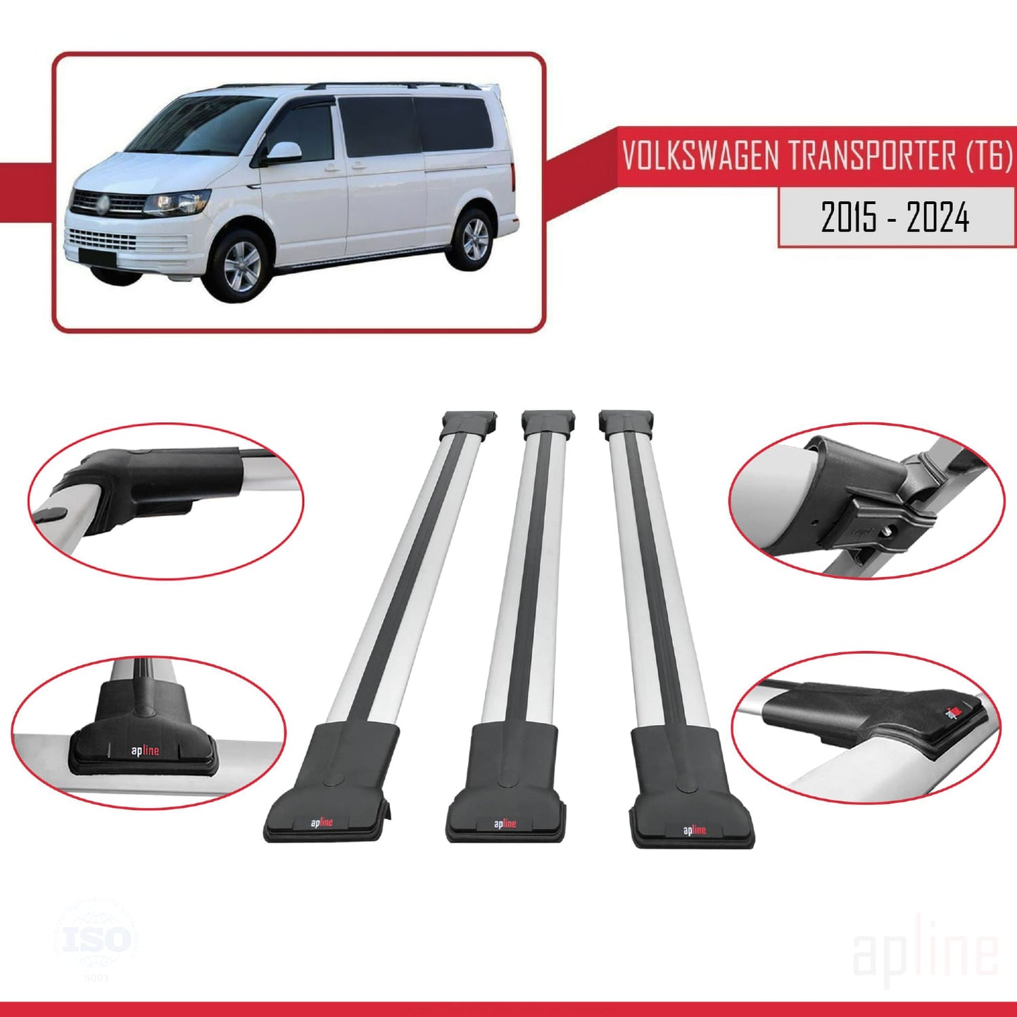 Compatible with Volkswagen T6 Transporter 2015-2024 FLY Model Car Roof Rack Cross Bar Grey Aluminium 3 Bars