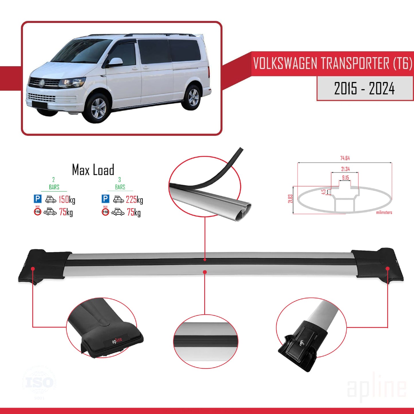 Compatible with Volkswagen T6 Transporter 2015-2024 FLY Model Car Roof Rack Cross Bar Grey Aluminium 2 Bars