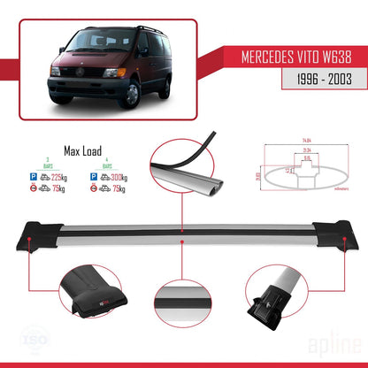 Compatible with Mercedes Vito (W638) 1996-2003 FLY Model Car Roof Rack Cross Bar Grey Aluminium 3 Bars