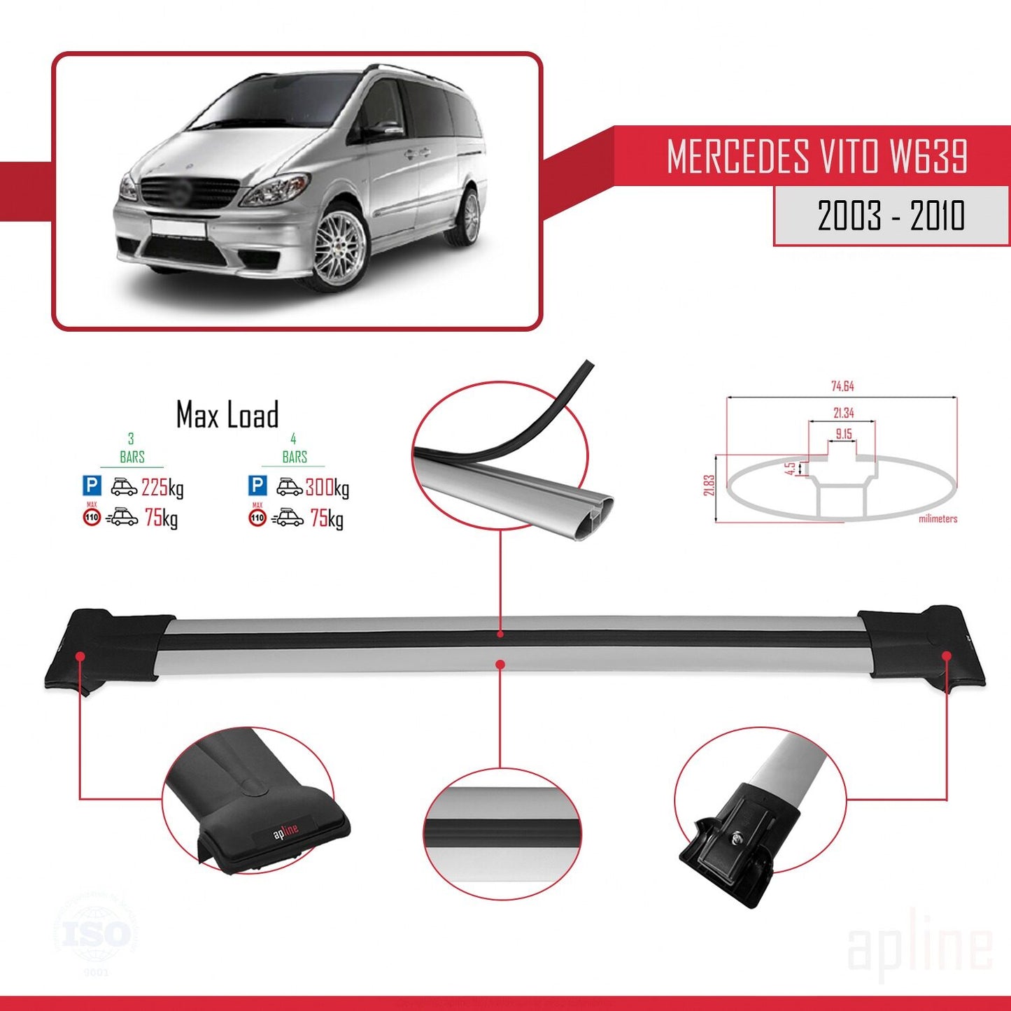 Compatible avec Mercedes Vito 2 (W639) Pre-Facelift 2003-2010 FLY Model Barres de Toit Railing Porte-Bagages de Voiture Gris Aluminium 3 Barres