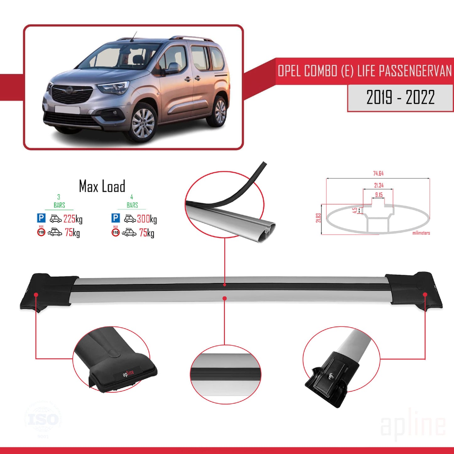 Compatible avec Opel Combo E Cargo 2019-2022 FLY Model Barres de Toit Railing Porte-Bagages de Voiture Gris Aluminium 4 Barres