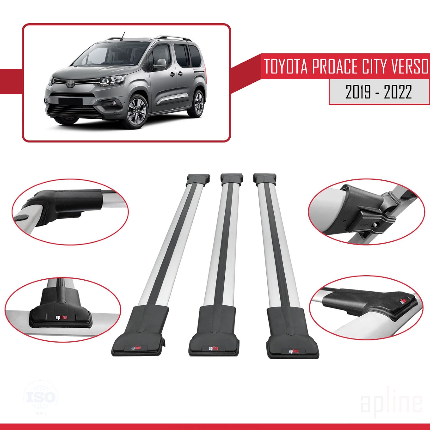 Compatible avec Toyota Proace City Verso 2019-2022 FLY Model Barres de Toit Railing Porte-Bagages de Voiture Gris Aluminium 3 Barres